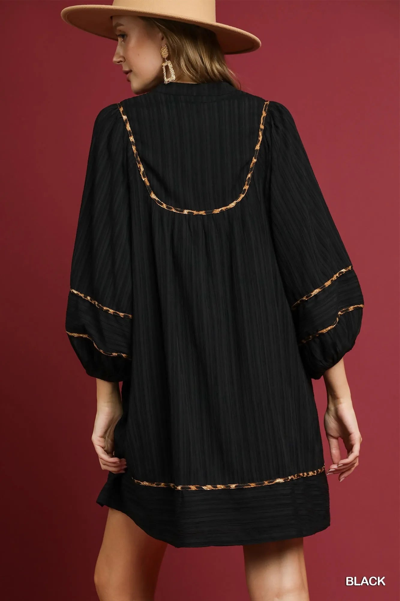 Plus Size Textured Babydoll Dress with Leopard Print Trim - Alwesbo Fashion