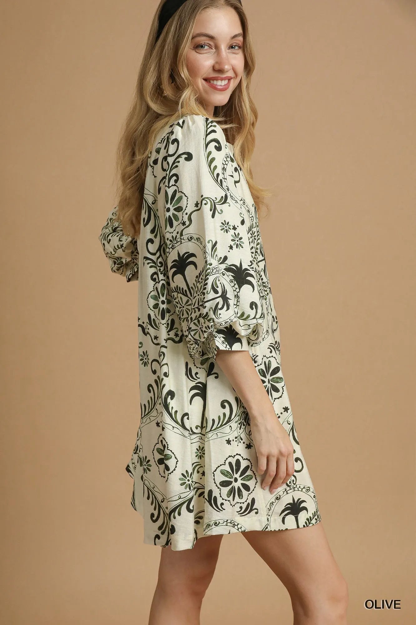Boho Printed Mini Dress with Balloon Sleeves - Alwesbo Fashion