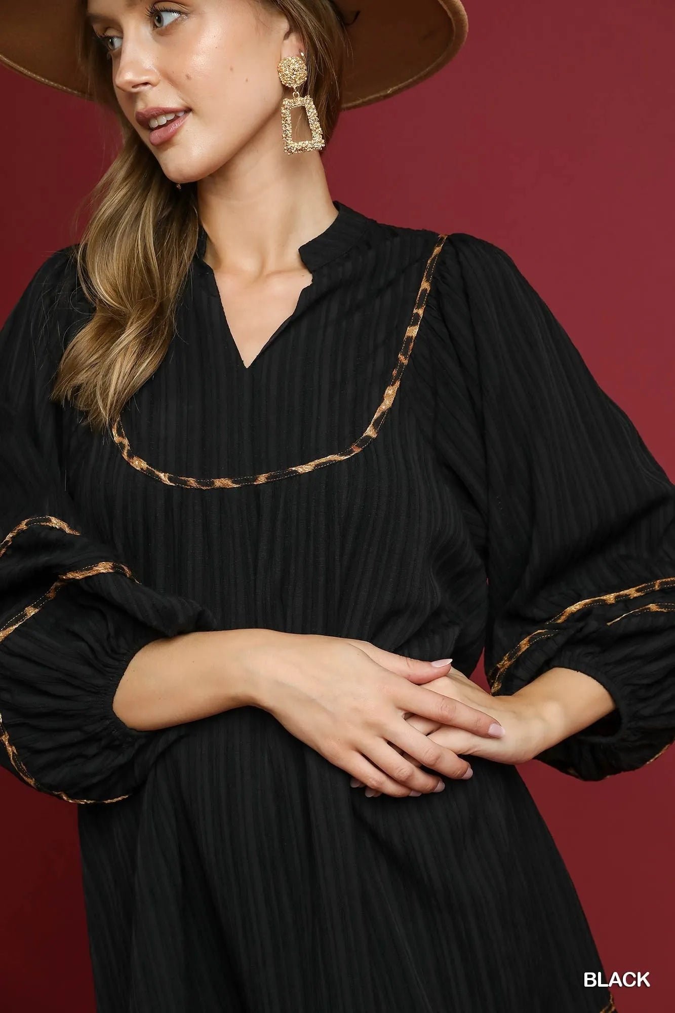 Plus Size Textured Babydoll Dress with Leopard Print Trim - Alwesbo Fashion