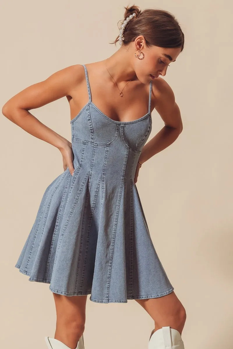 SO ME A Line Fit and Flare Denim Mini Dress - Alwesbo Fashion