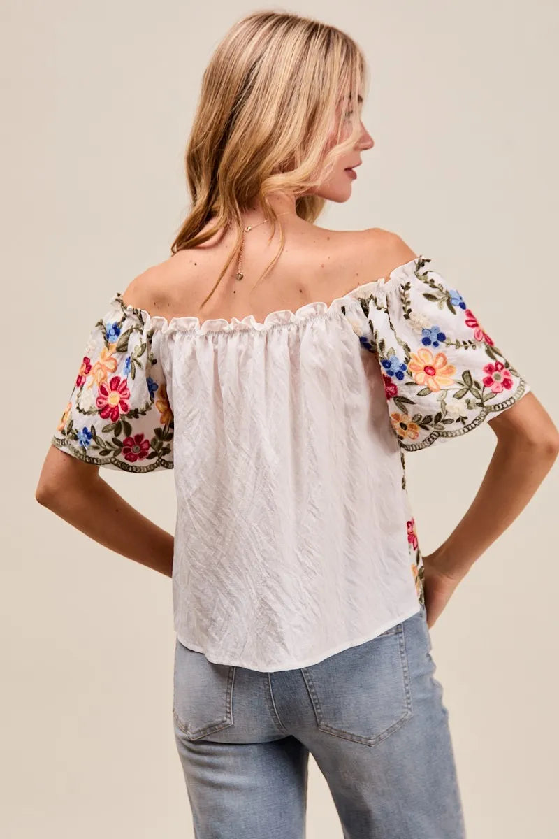 Floral Embroidered Off-The-Shoulder Blouse with Two-Way Wear - Alwesbo Fashion