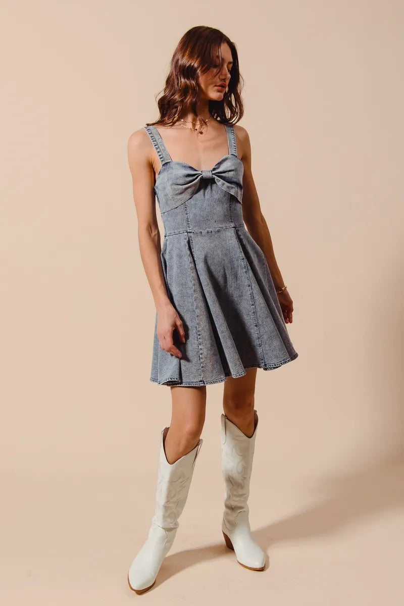 Mineral Washed Denim Flare Dress with Bow Ribbon Detail - Alwesbo Fashion