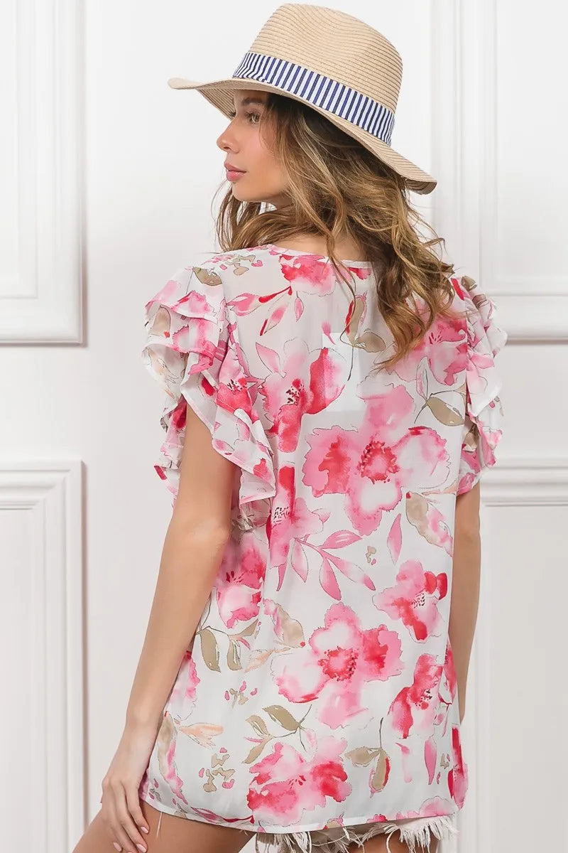 Floral Print Sheer Top with Flutter Sleeves - Alwesbo Fashion