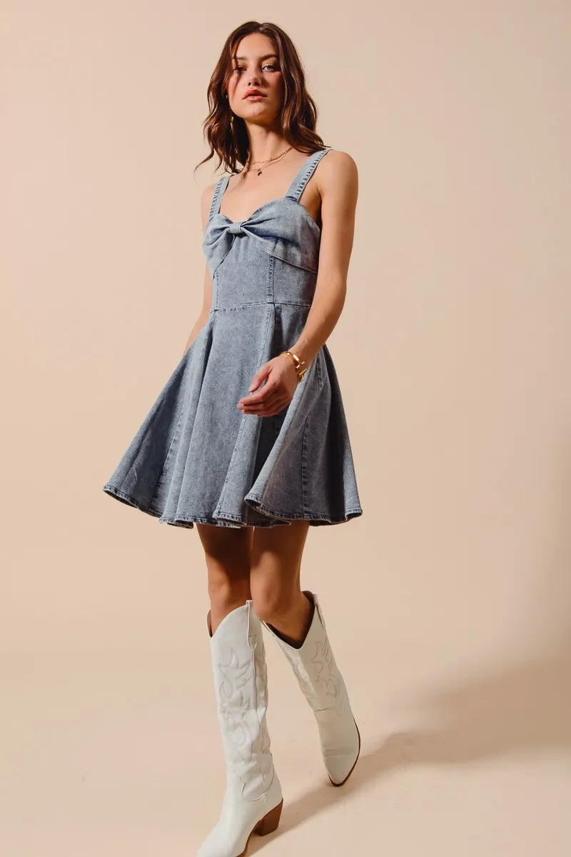 Mineral Washed Denim Flare Dress with Bow Ribbon Detail - Alwesbo Fashion
