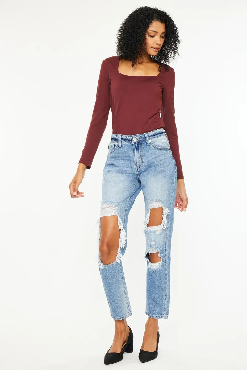 High Rise Distressed Boyfriend Jeans for Women - Alwesbo Fashion