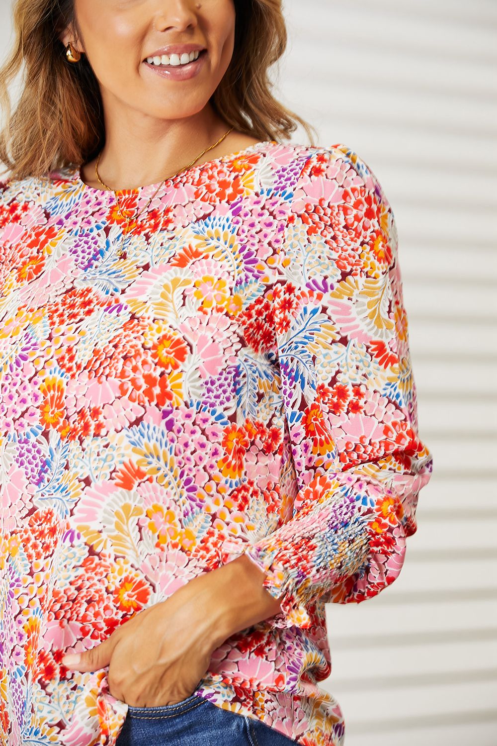 Double Take Floral Print Long Puff Sleeve Blouse - Alwesbo Fashion