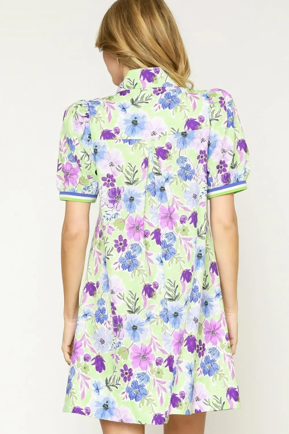 Umgee Floral Print Short Puff Sleeve Mini Dress / Light Green - Alwesbo Fashion