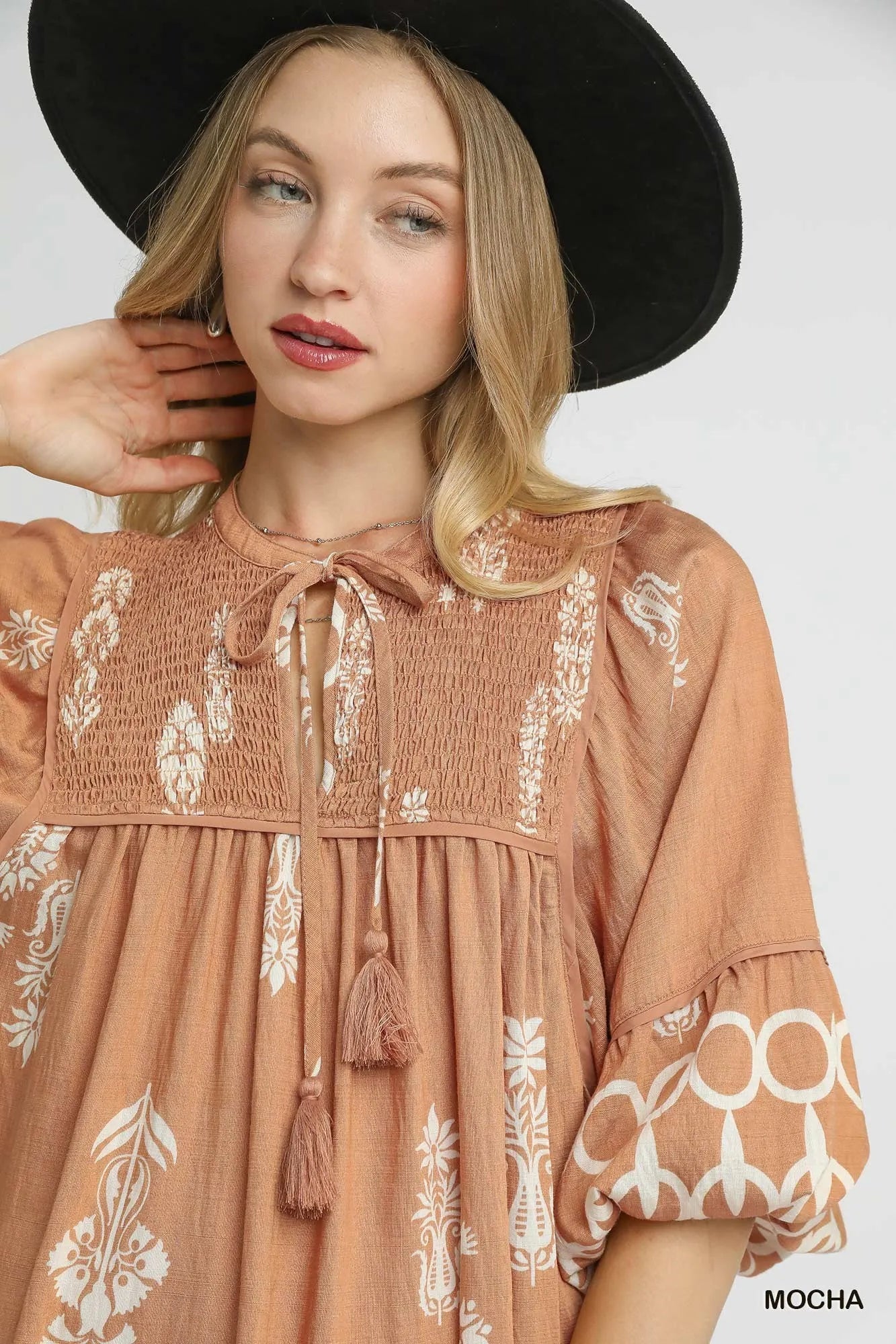 Border Print Mini Dress with Tassel Tie Neck - Alwesbo Fashion