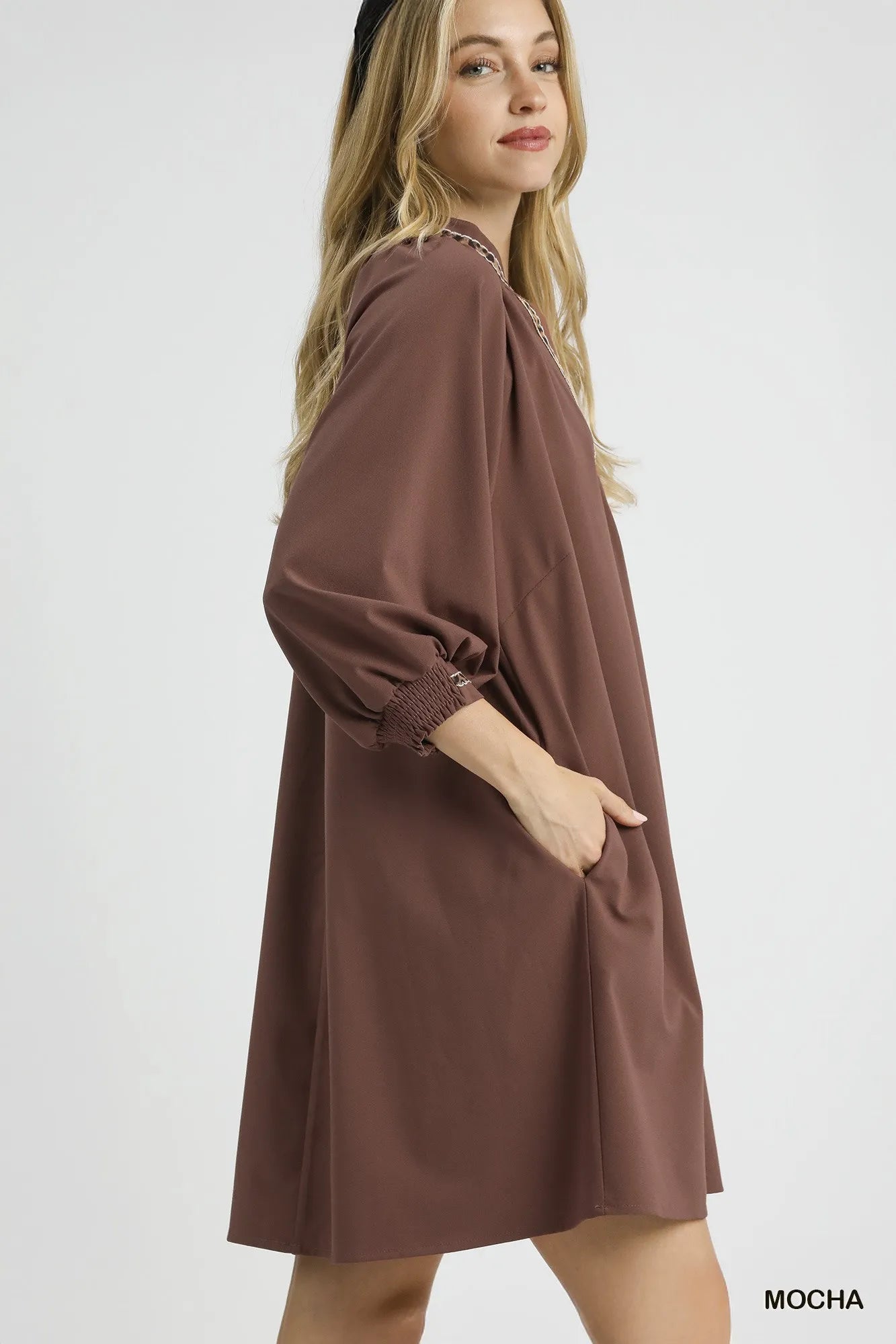 Umgee Notched Shift Dress with Trim Detail - Alwesbo Fashion