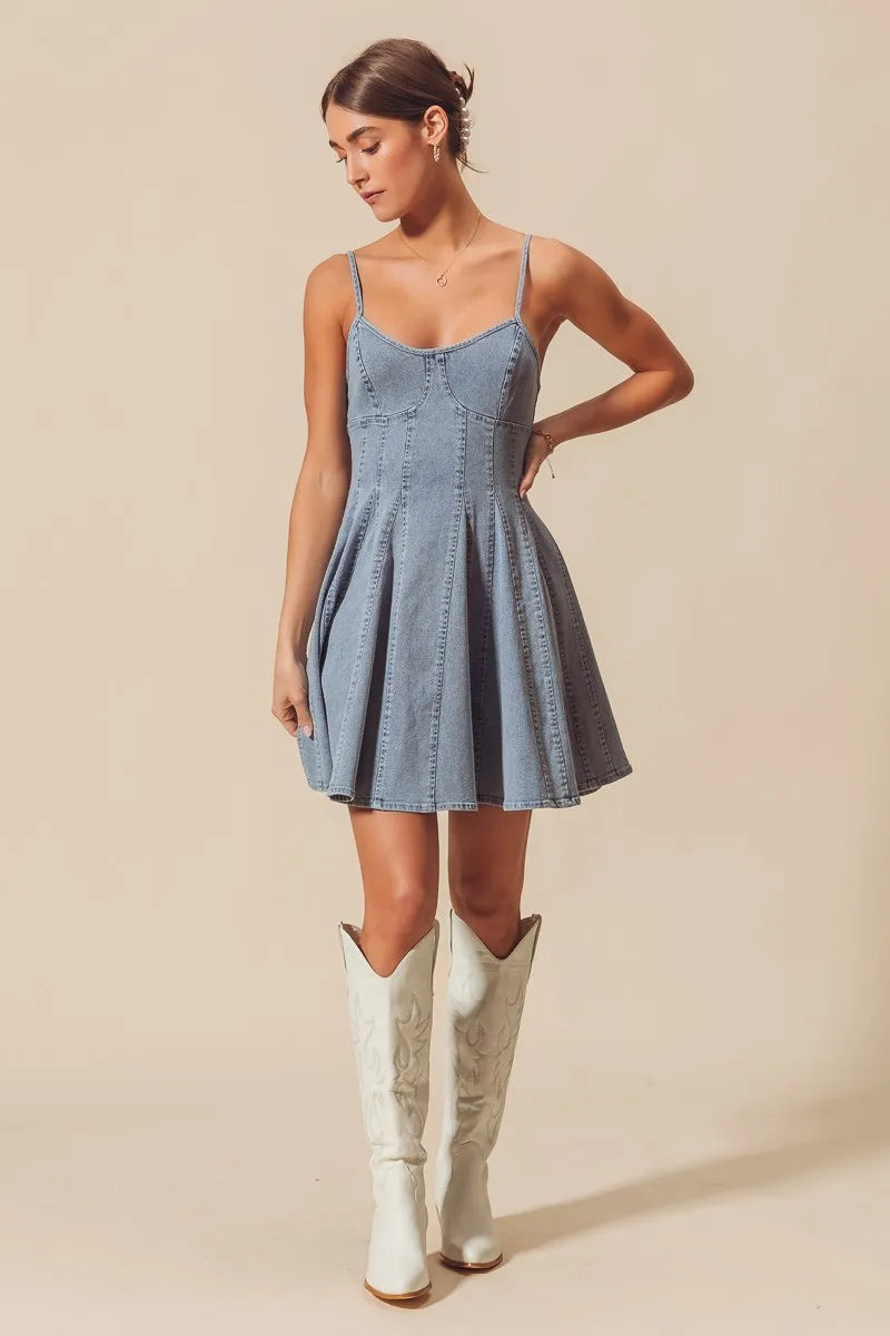 SO ME A Line Fit and Flare Denim Mini Dress - Alwesbo Fashion
