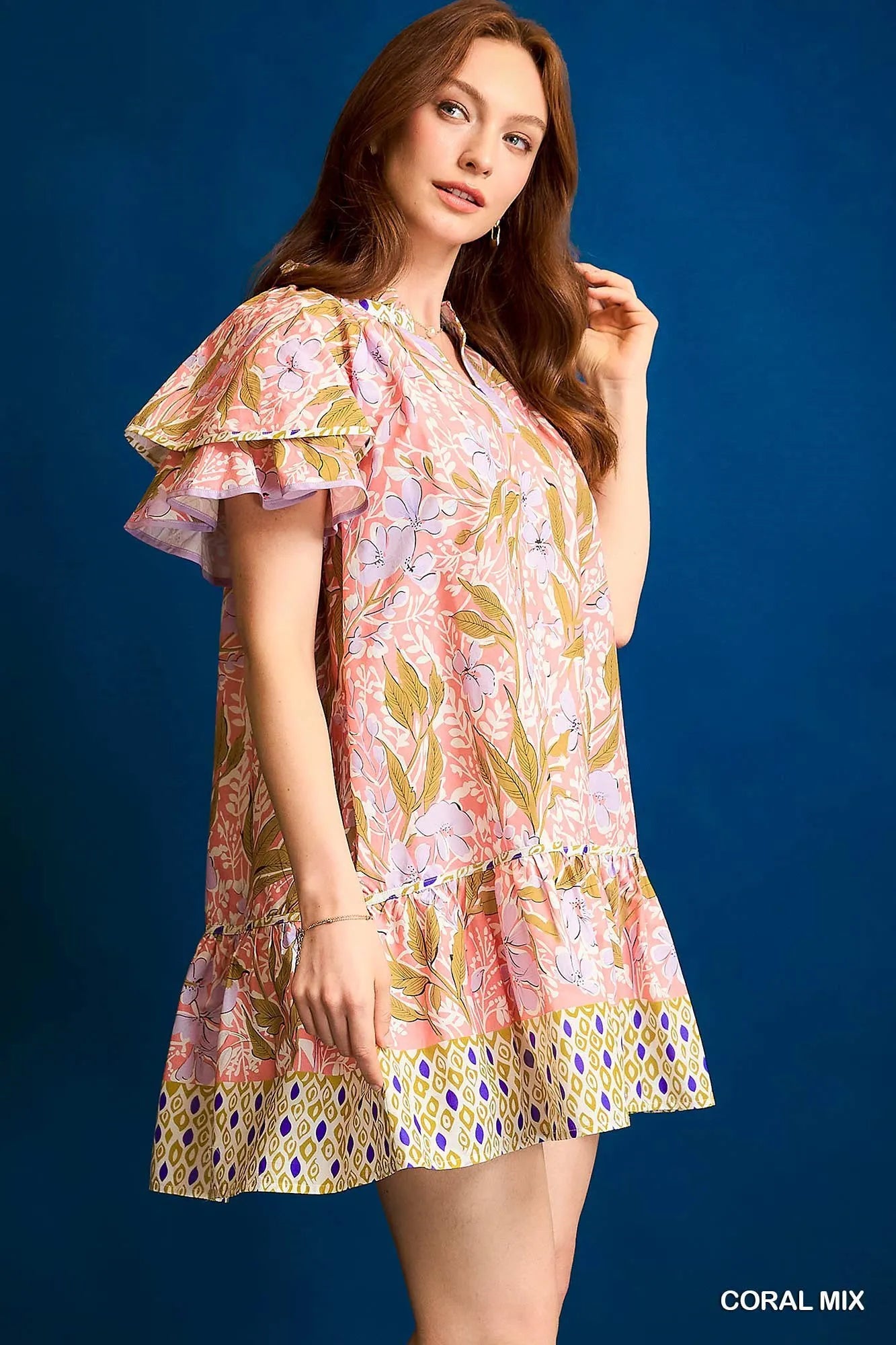 Floral Tunic Dress with Ruffle Sleeves - Alwesbo Fashion
