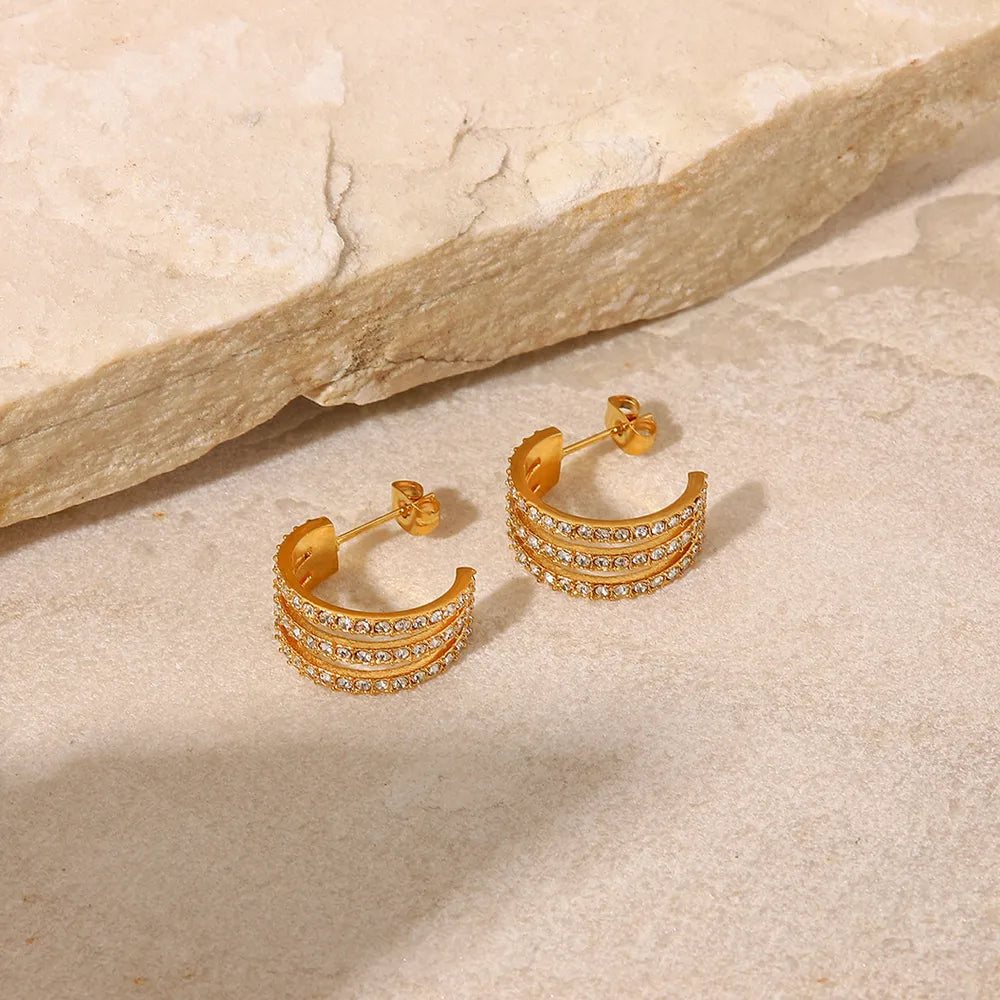 Stainless Steel Inlaid Zircon C-Hoop Earrings - Alwesbo Fashion