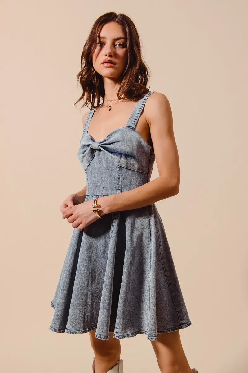 Mineral Washed Denim Flare Dress with Bow Ribbon Detail - Alwesbo Fashion