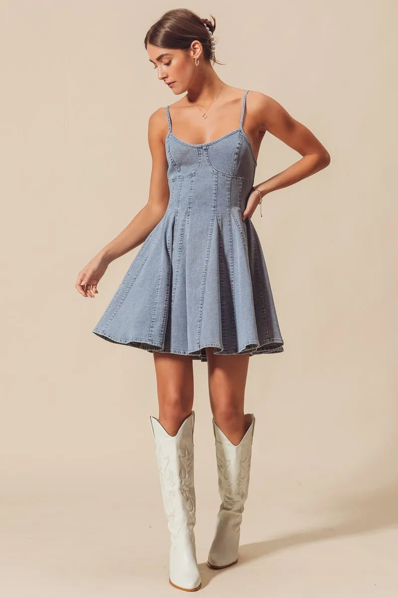 SO ME A Line Fit and Flare Denim Mini Dress - Alwesbo Fashion