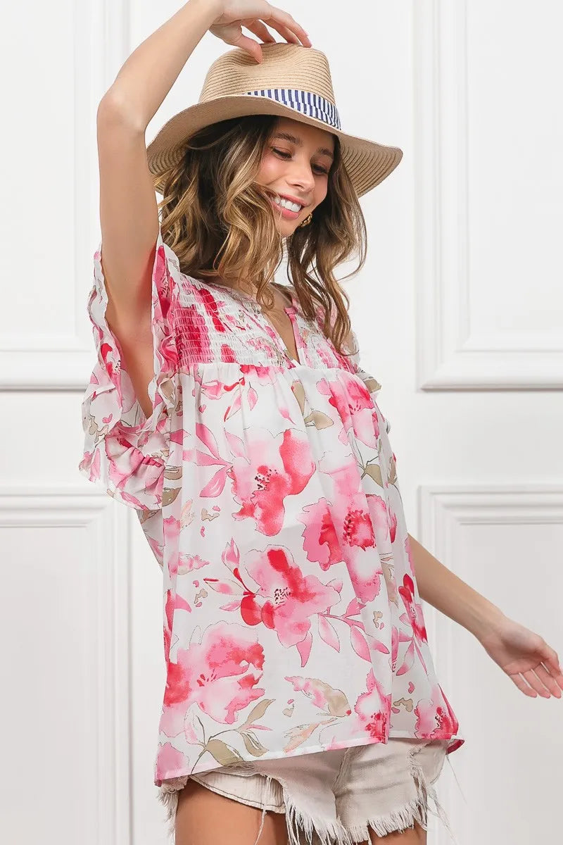 Floral Print Sheer Top with Flutter Sleeves - Alwesbo Fashion