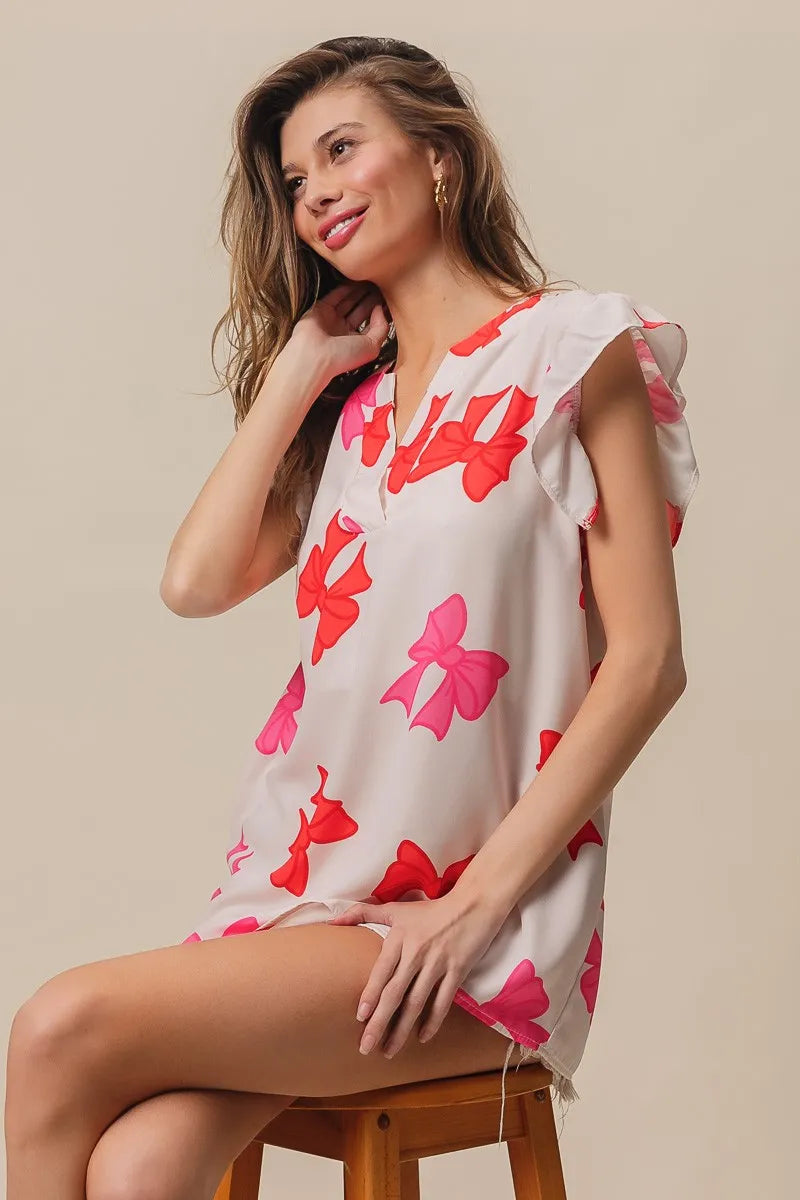 Bow Print Woven Top with Ruffled Sleeves and V Neck - Alwesbo Fashion