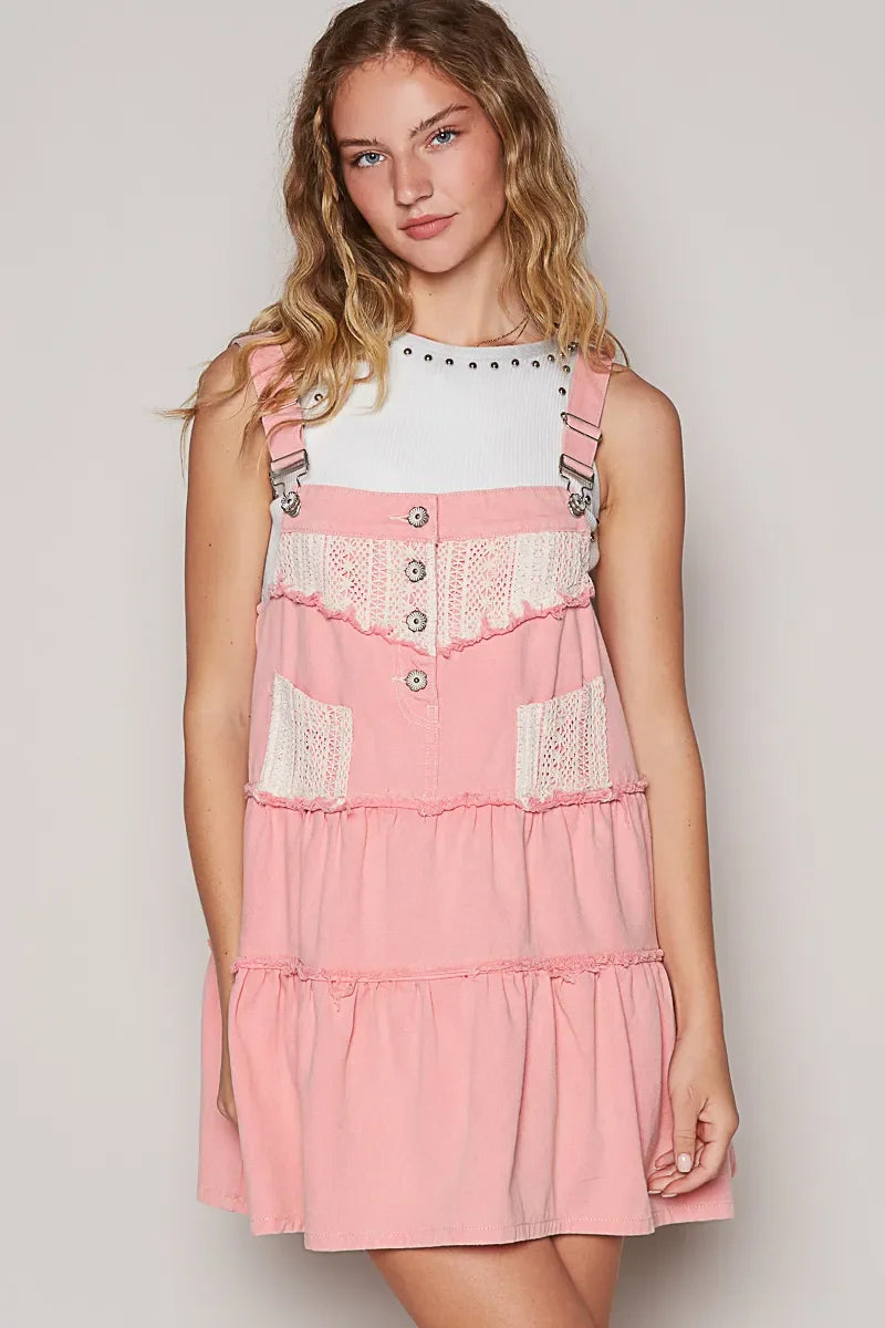 POL Lace Patchwork Detail Denim Overall Dress - Alwesbo Fashion