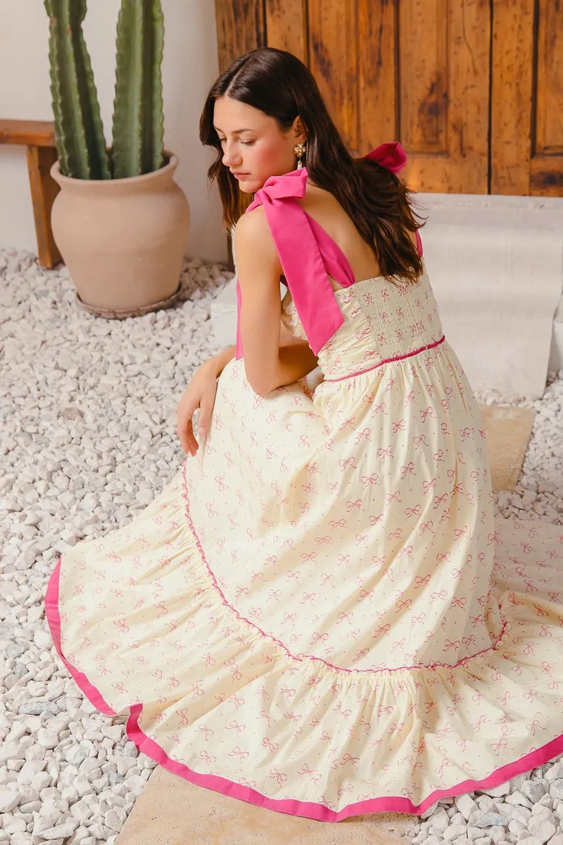 Flowy Maxi Dress with Ribbon Tie and Contrast Trim - Alwesbo Fashion