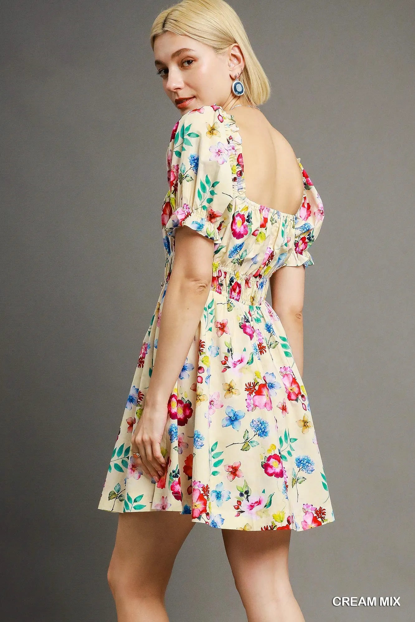 Floral Print Mini Dress with Puff Sleeves - Alwesbo Fashion