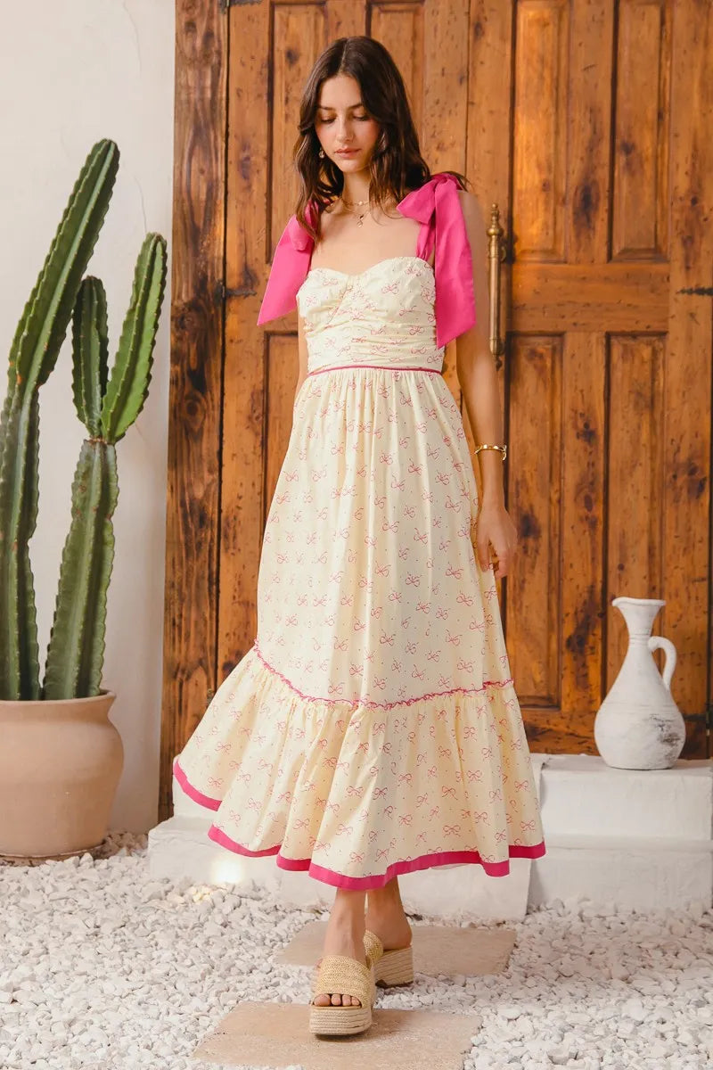 Flowy Maxi Dress with Ribbon Tie and Contrast Trim - Alwesbo Fashion
