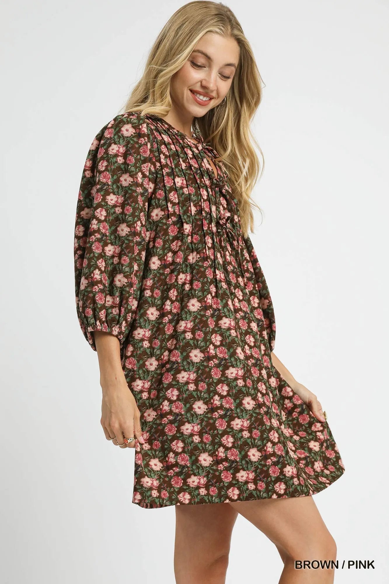 Boho Floral Babydoll Dress with Tie-Neck - Alwesbo Fashion