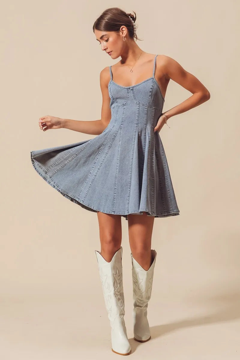 SO ME A Line Fit and Flare Denim Mini Dress - Alwesbo Fashion