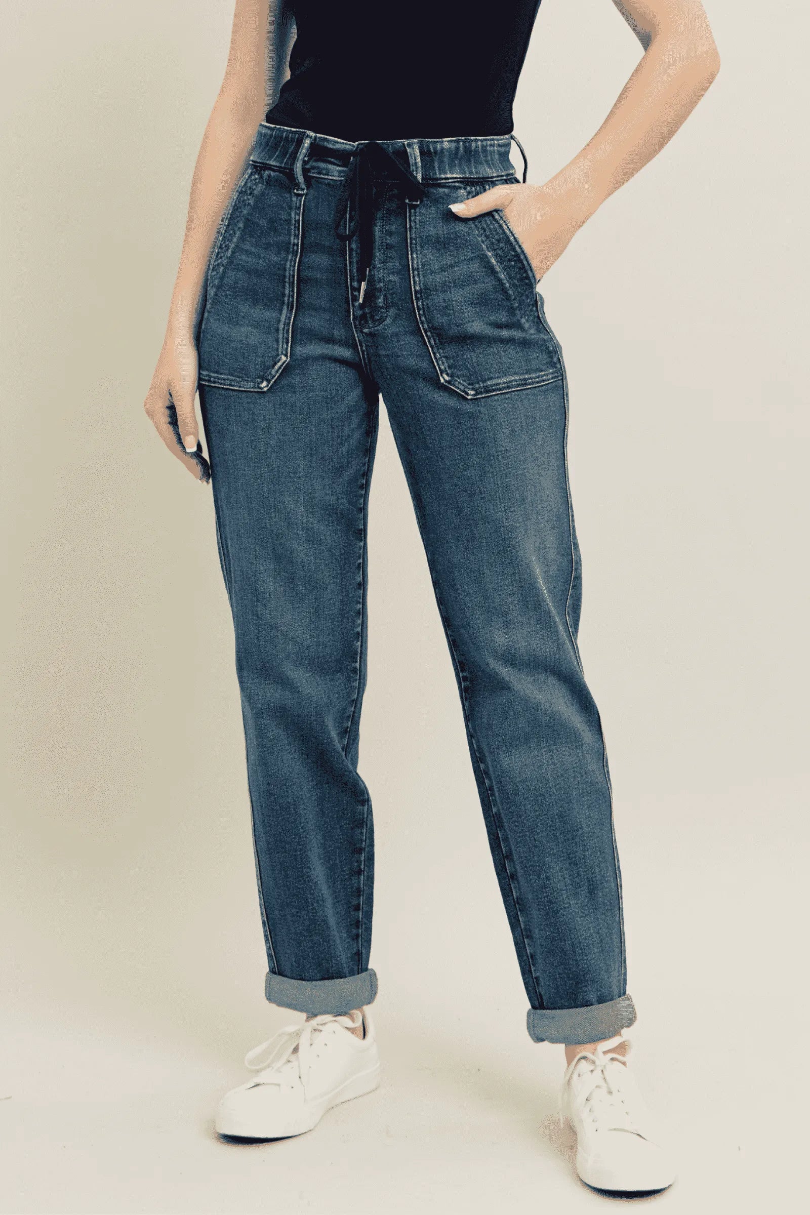 Judy Blue Full Size HW Vintage Wash Jeans w/ Drawstring Plus Size - Alwesbo Fashion