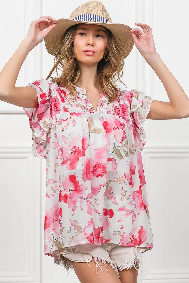 Floral Print Sheer Top with Flutter Sleeves - Alwesbo Fashion
