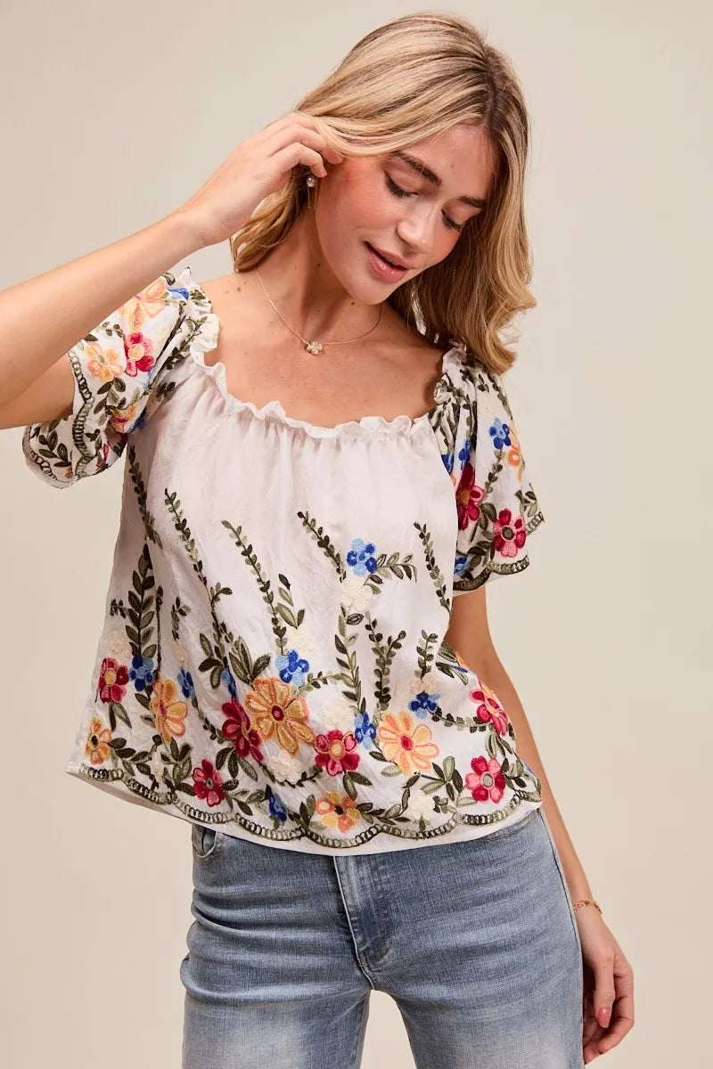 Floral Embroidered Off-The-Shoulder Blouse with Two-Way Wear - Alwesbo Fashion