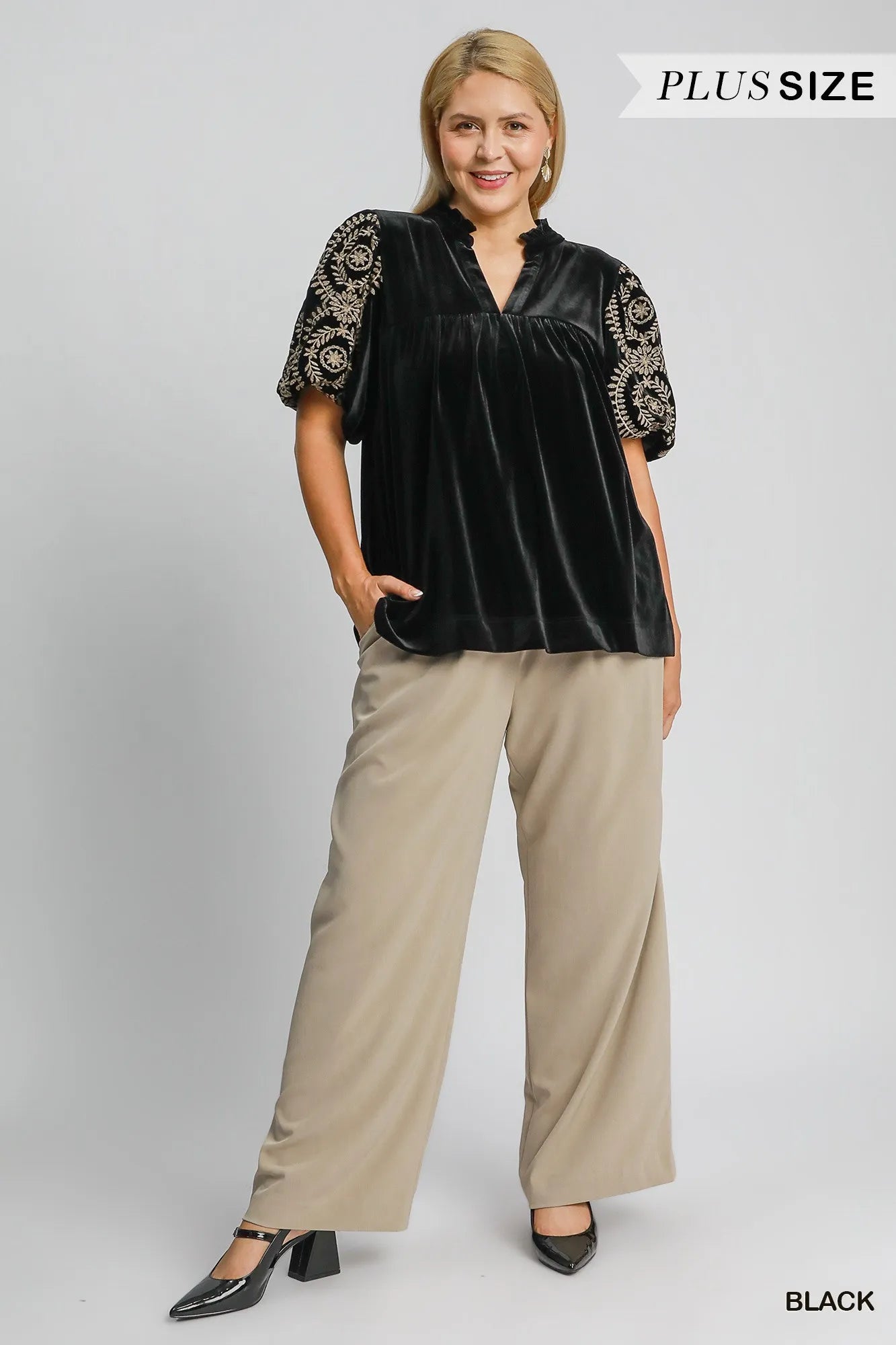Plus Size Velvet Blouse with Stylish Embroidered Sleeve Detail - Alwesbo Fashion