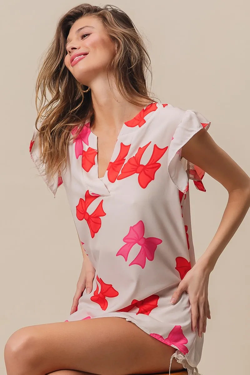 Bow Print Woven Top with Ruffled Sleeves and V Neck - Alwesbo Fashion