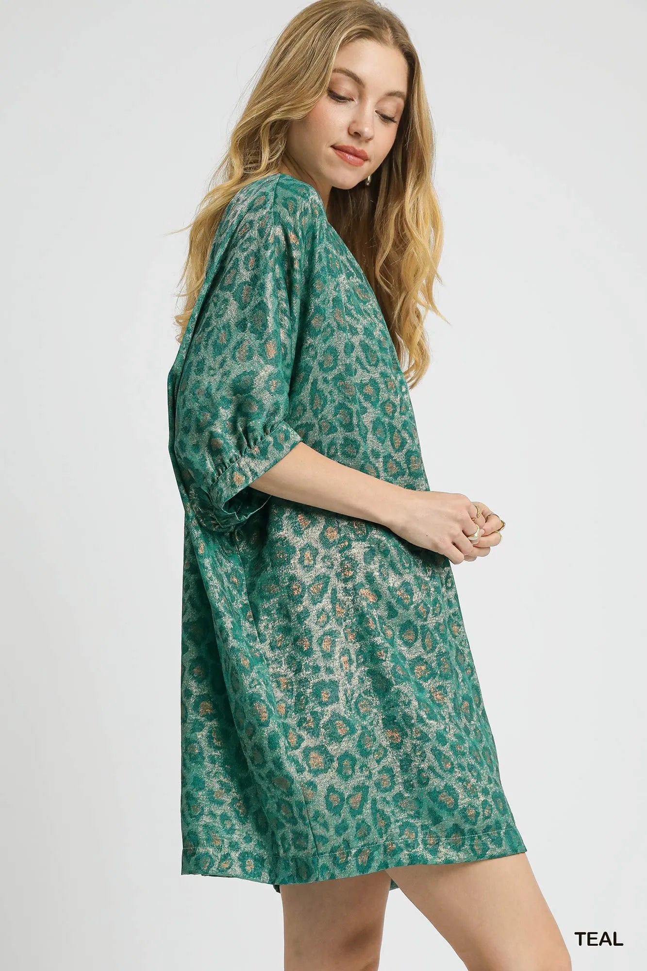 Umgee Metallic Leopard Print V-Neck Kimono Dress - Alwesbo Fashion