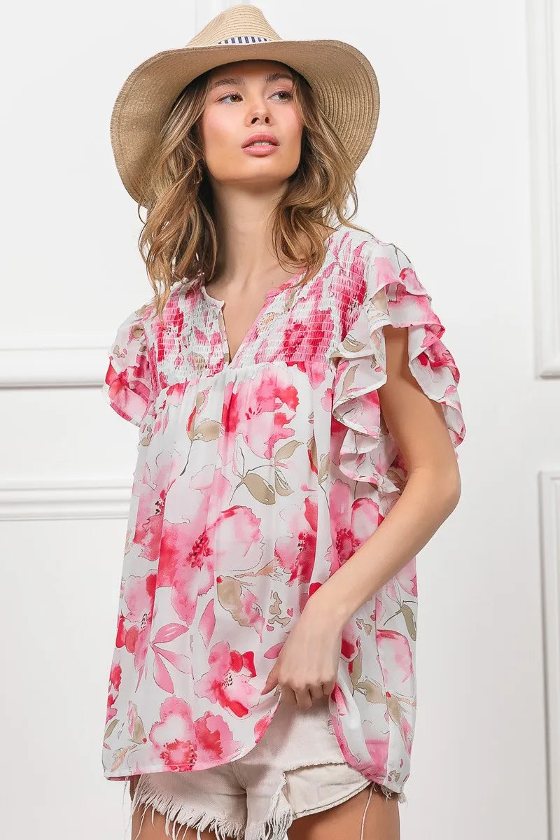 Floral Print Sheer Top with Flutter Sleeves - Alwesbo Fashion