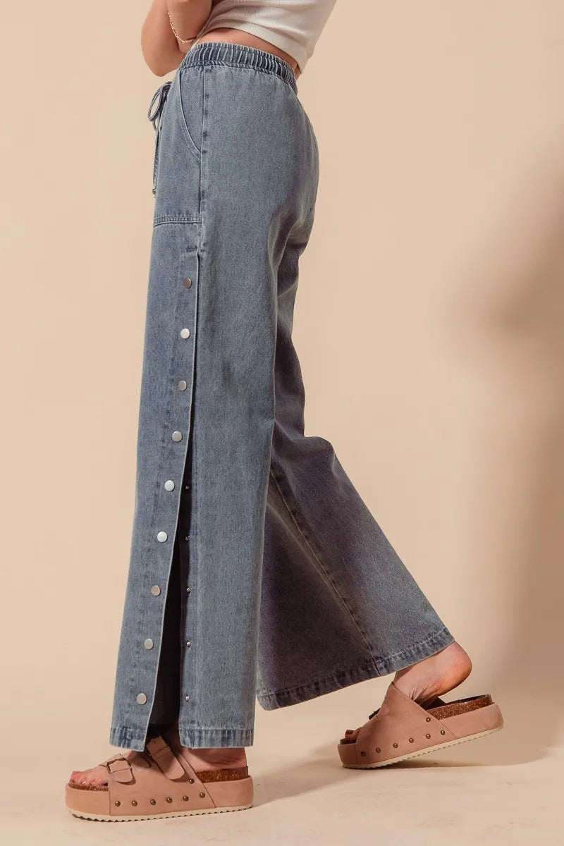 SO ME Mid Rise Drawstring Jeans with Side Snap Button - Alwesbo Fashion