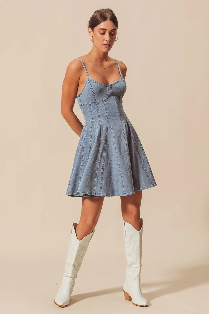 SO ME A Line Fit and Flare Denim Mini Dress - Alwesbo Fashion