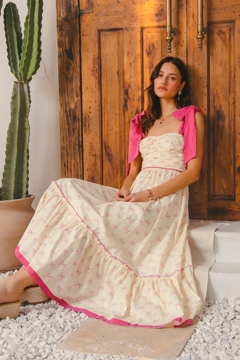 Flowy Maxi Dress with Ribbon Tie and Contrast Trim - Alwesbo Fashion