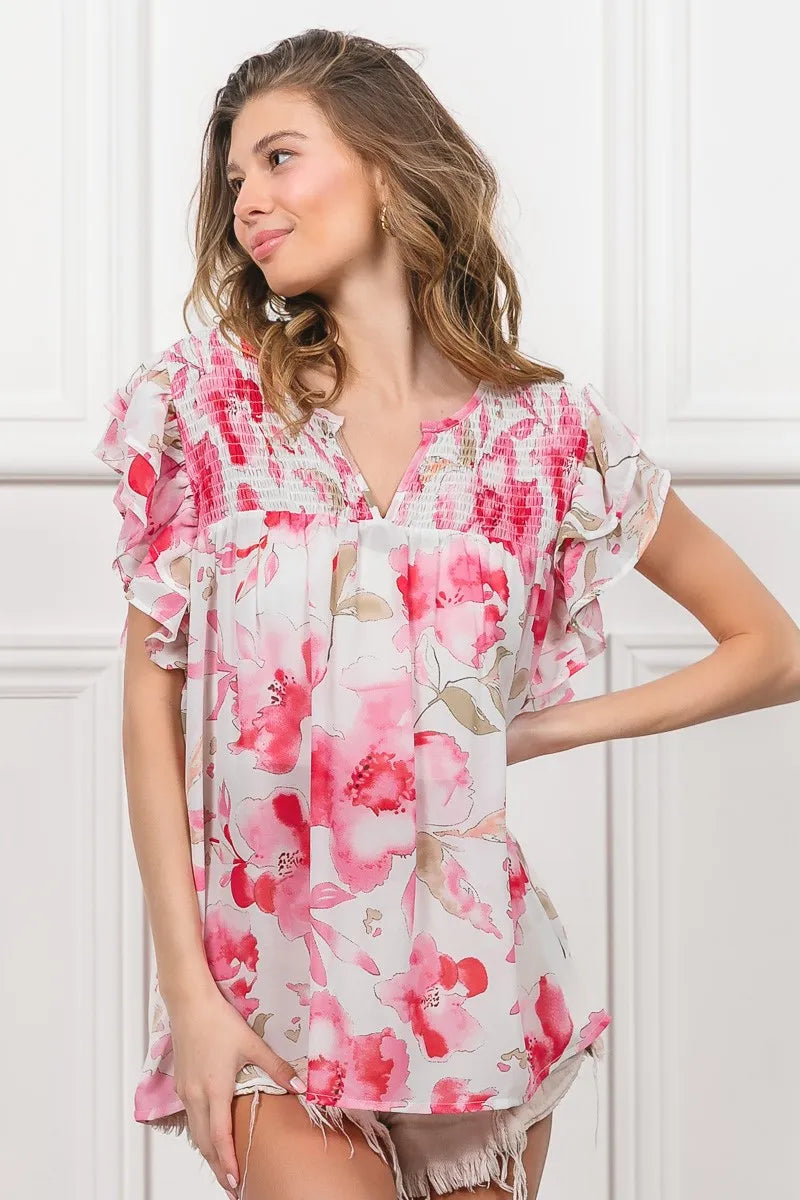 Floral Print Sheer Top with Flutter Sleeves - Alwesbo Fashion