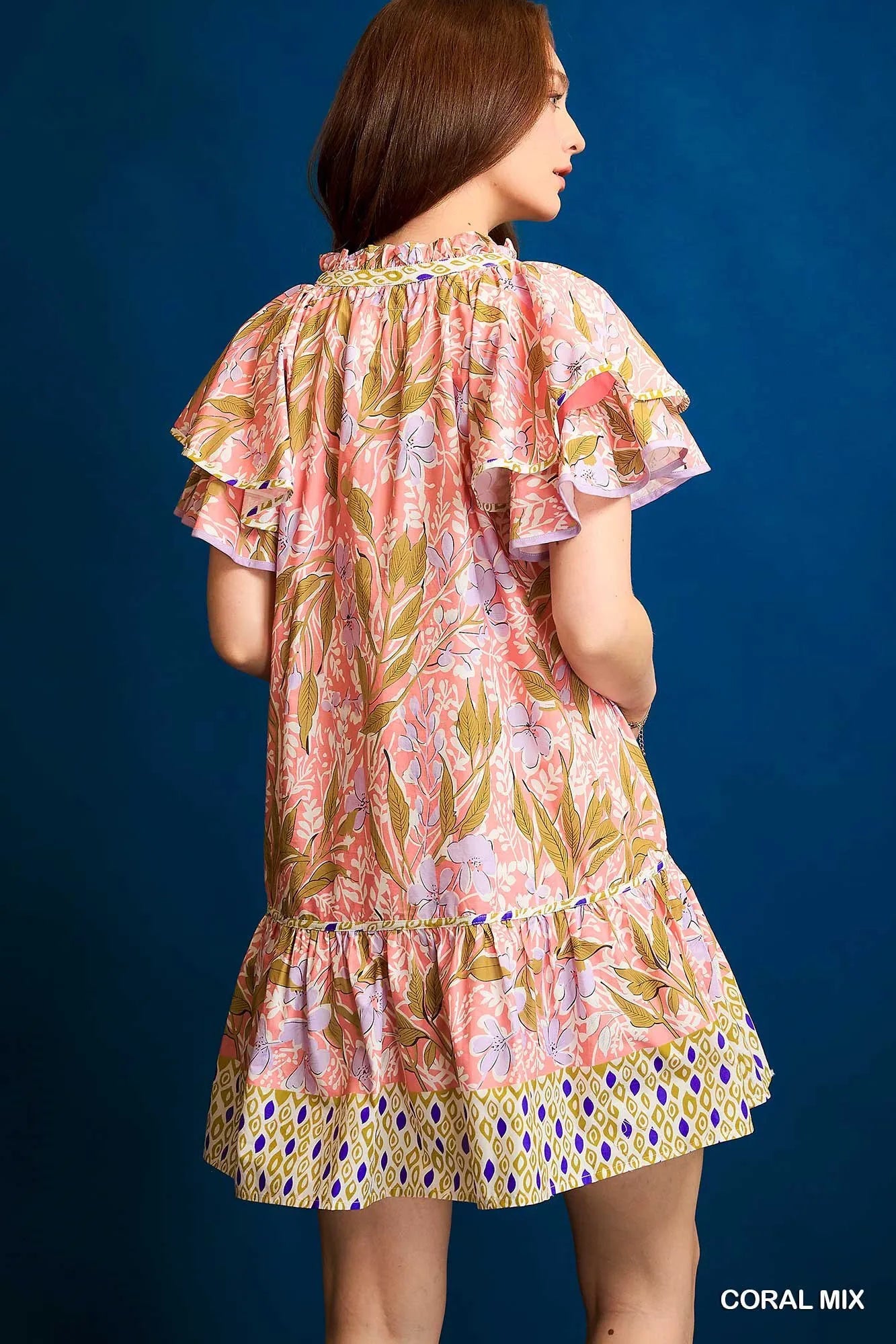Floral Tunic Dress with Ruffle Sleeves - Alwesbo Fashion