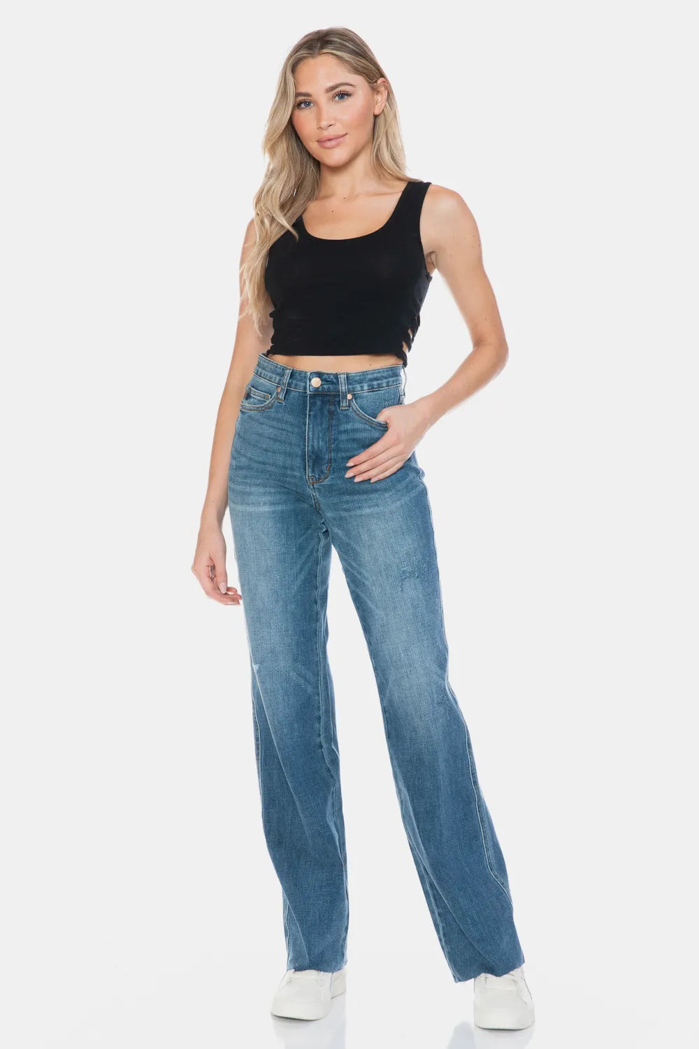 Judy Blue Full Size Tummy Control Cut Raw Hem Straight Jeans - Alwesbo Fashion