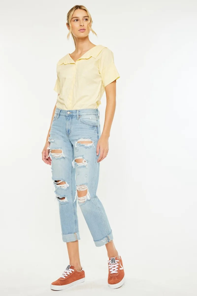 Kancan Mid Rise Distressed Boyfriend Jeans - Alwesbo Fashion
