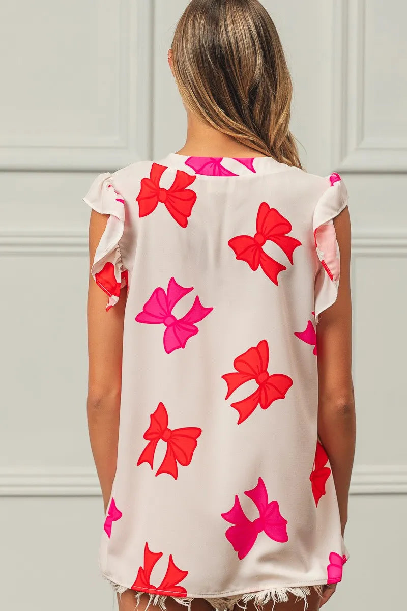 Bow Print Woven Top with Ruffled Sleeves and V Neck - Alwesbo Fashion