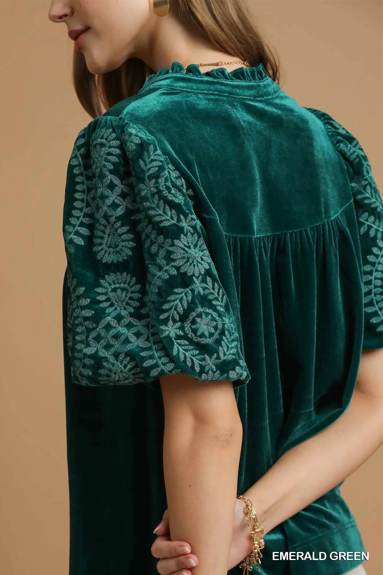 Velvet Blouse with Elegant Embroidered Sleeves - Alwesbo Fashion