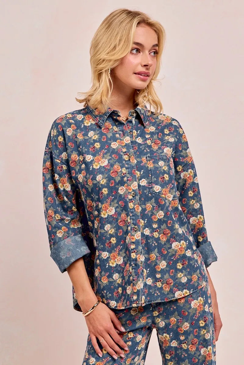 Washed Floral Denim Jacket for Women - Alwesbo Fashion