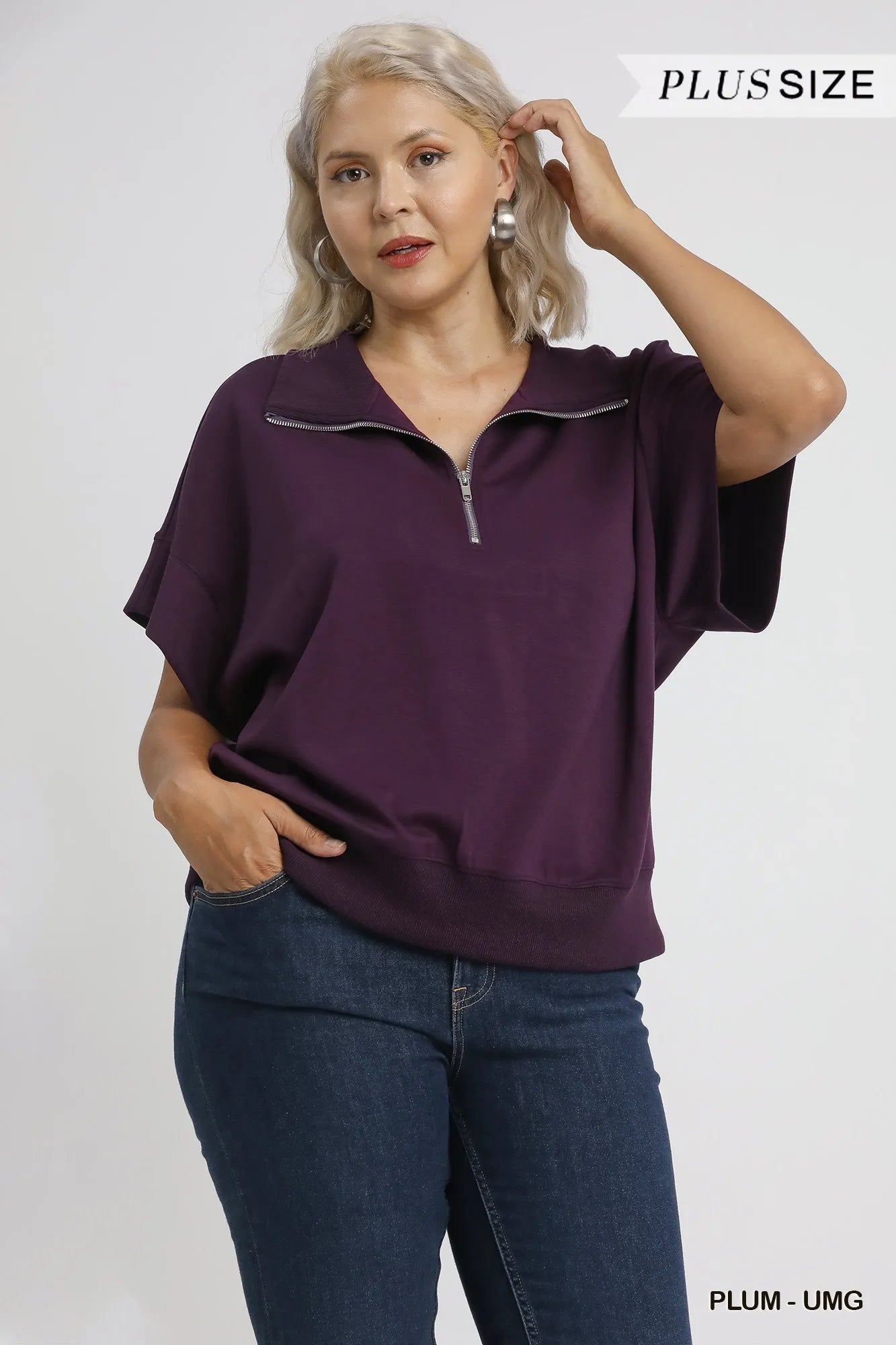 Plus Size Short Sleeve Top Featuring Stylish Half-Zip - Alwesbo Fashion
