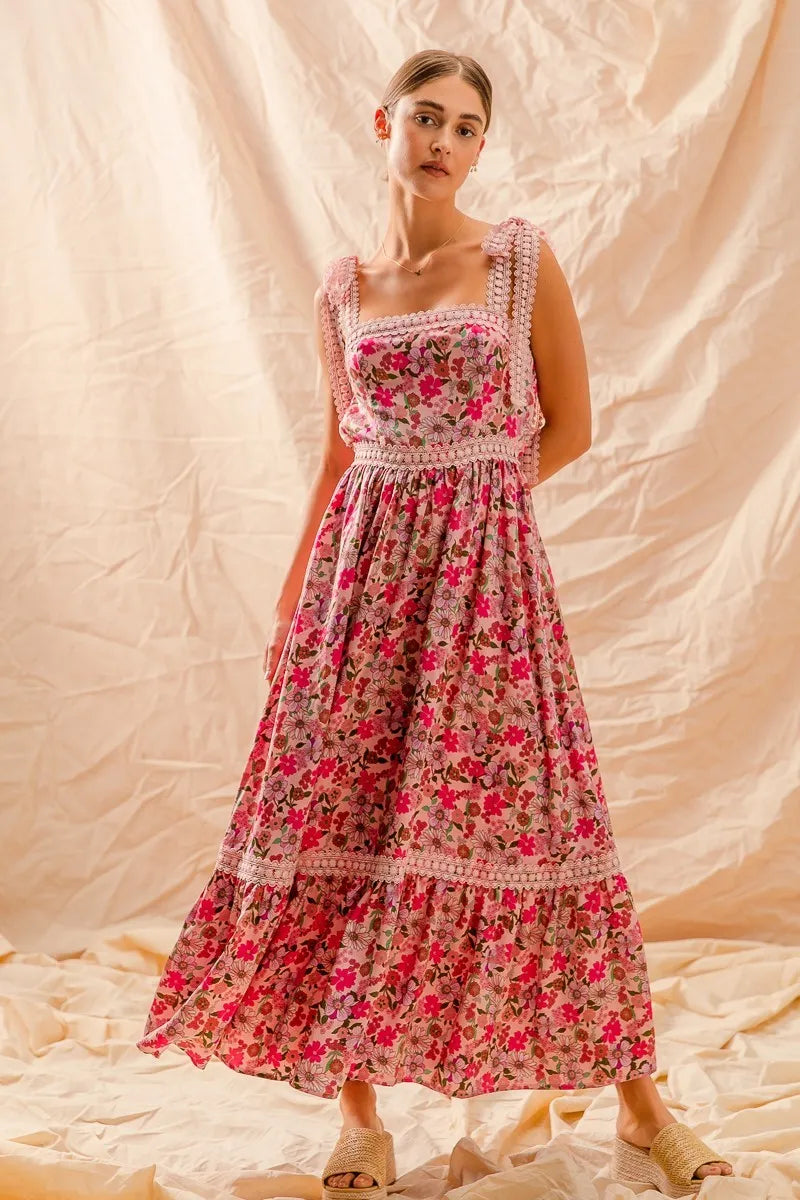 Floral Maxi Dress with Ribbon Tie and Lace Straps - Alwesbo Fashion