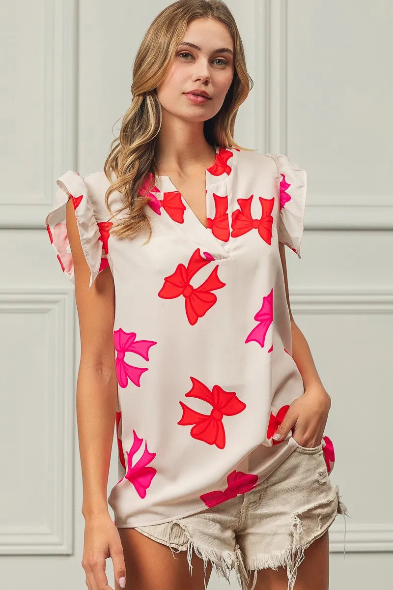 Bow Print Woven Top with Ruffled Sleeves and V Neck - Alwesbo Fashion