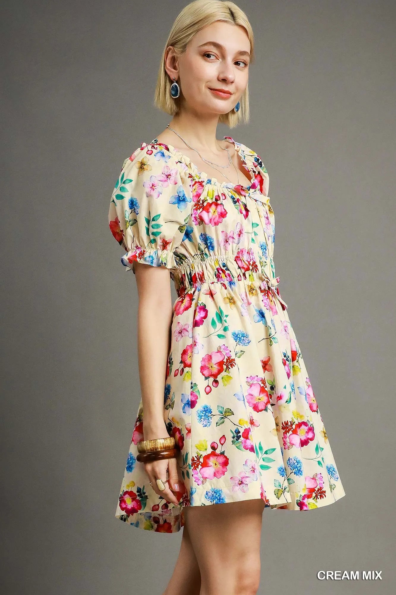 Floral Print Mini Dress with Puff Sleeves - Alwesbo Fashion