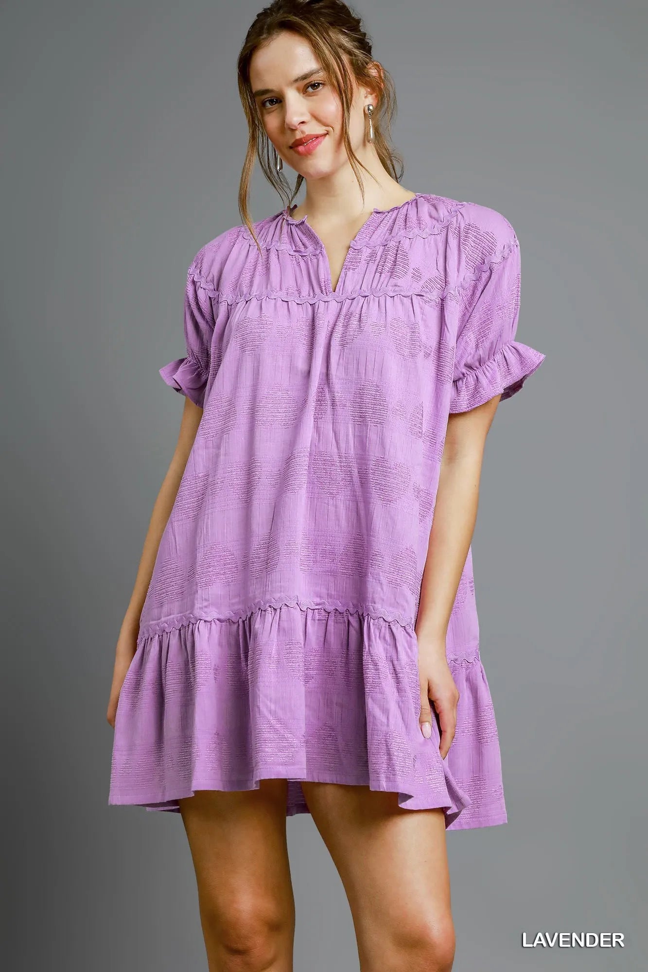 Umgee Heart Pattern Short Sleeve Ruffle Babydoll Dress - Alwesbo Fashion