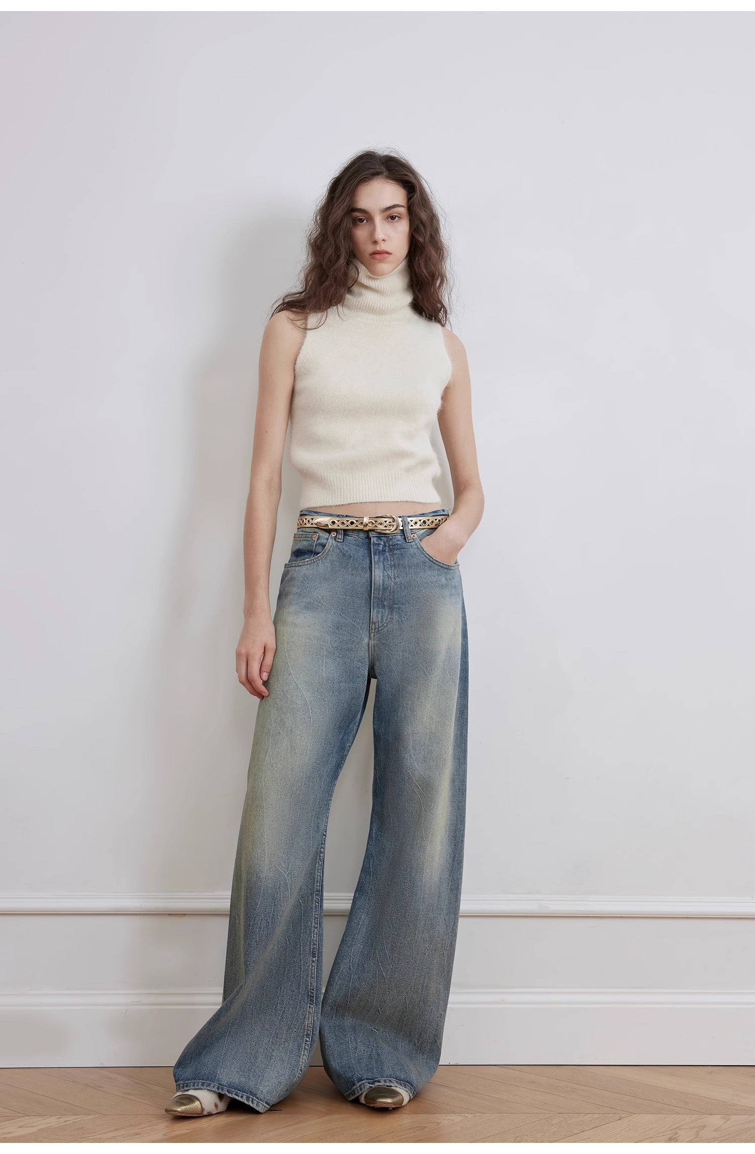 Retro Washed Wrinkled Wide-Leg Jeans – Women's Spacious Straight Fit - Alwesbo Fashion