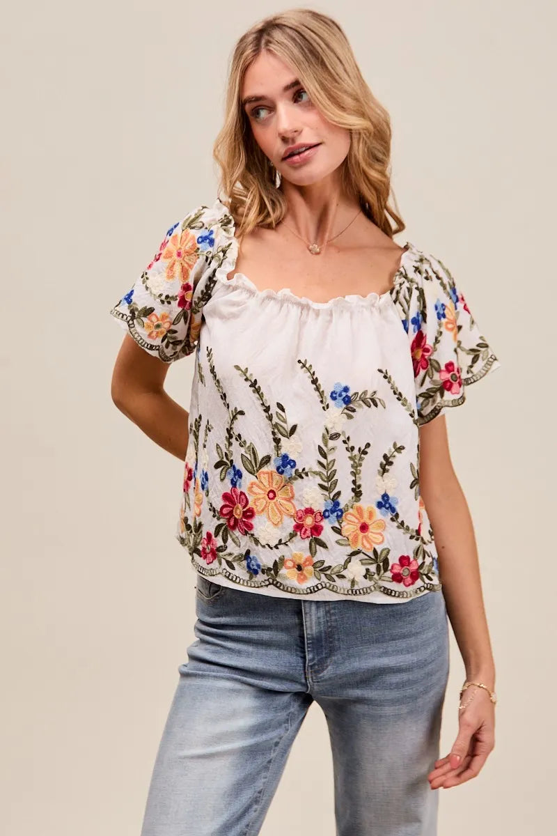 Floral Embroidered Off-The-Shoulder Blouse with Two-Way Wear - Alwesbo Fashion